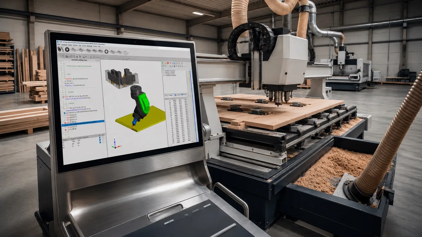 CNC-Bearbeitungszentrum mit NC-HOPS am Bildschirm in der Werkstatt